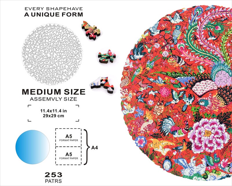 HARTMAZE Wooden Jigsaw Puzzles-Hundred Birds Paying Homage to The Phoenix 253 Truly Unique Piece Round Shape Best Choice for Adults and 10 Ages up Kids. - Image 4